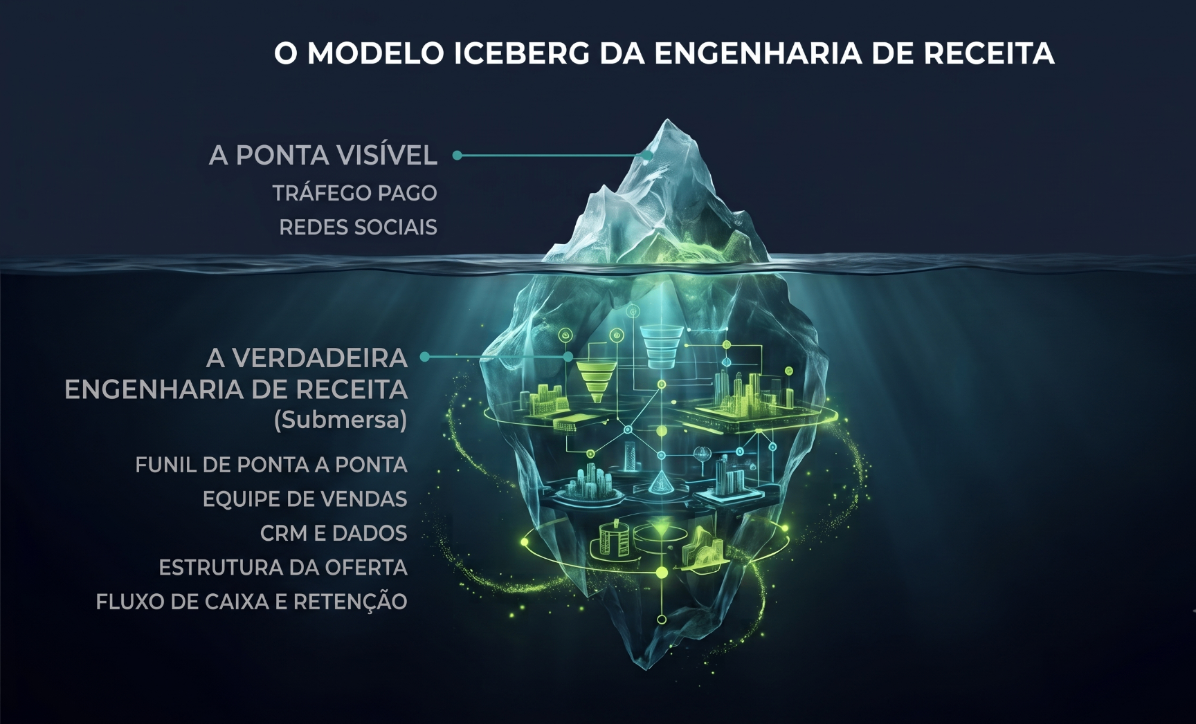 Modelo Iceberg da Engenharia de Receita — a ponta visível (tráfego pago, redes sociais) e a estrutura submersa (funil ponta a ponta, equipe de vendas, CRM e dados, estrutura da oferta, fluxo de caixa e retenção)